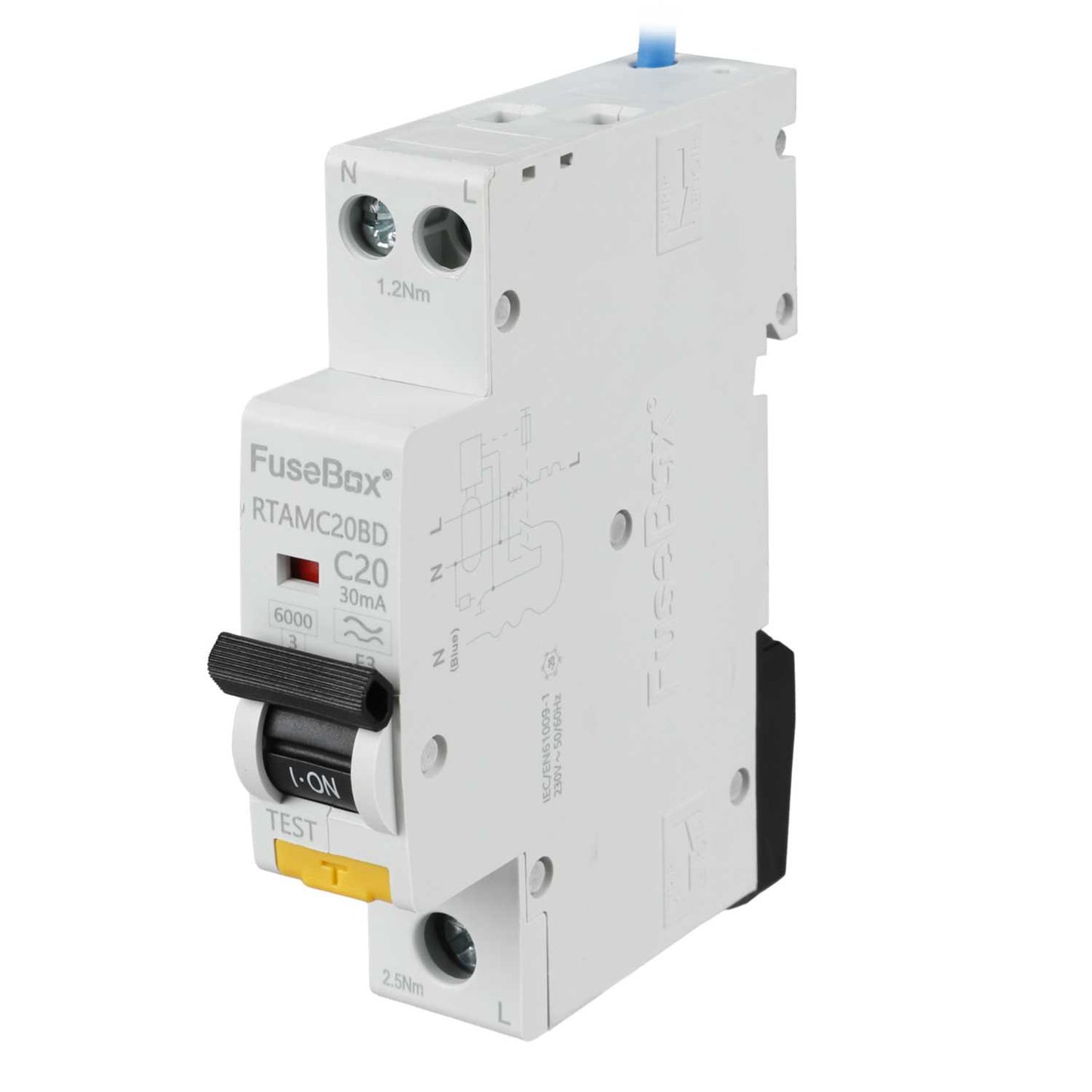 Fusebox 20A 1P+N 1 Module Bidirectional C Curve 6kA 30mA Type A Mini Rcbo