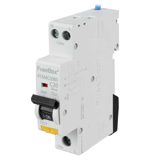 Fusebox 20A 1P+N 1 Module Bidirectional C Curve 6kA 30mA Type A Mini Rcbo