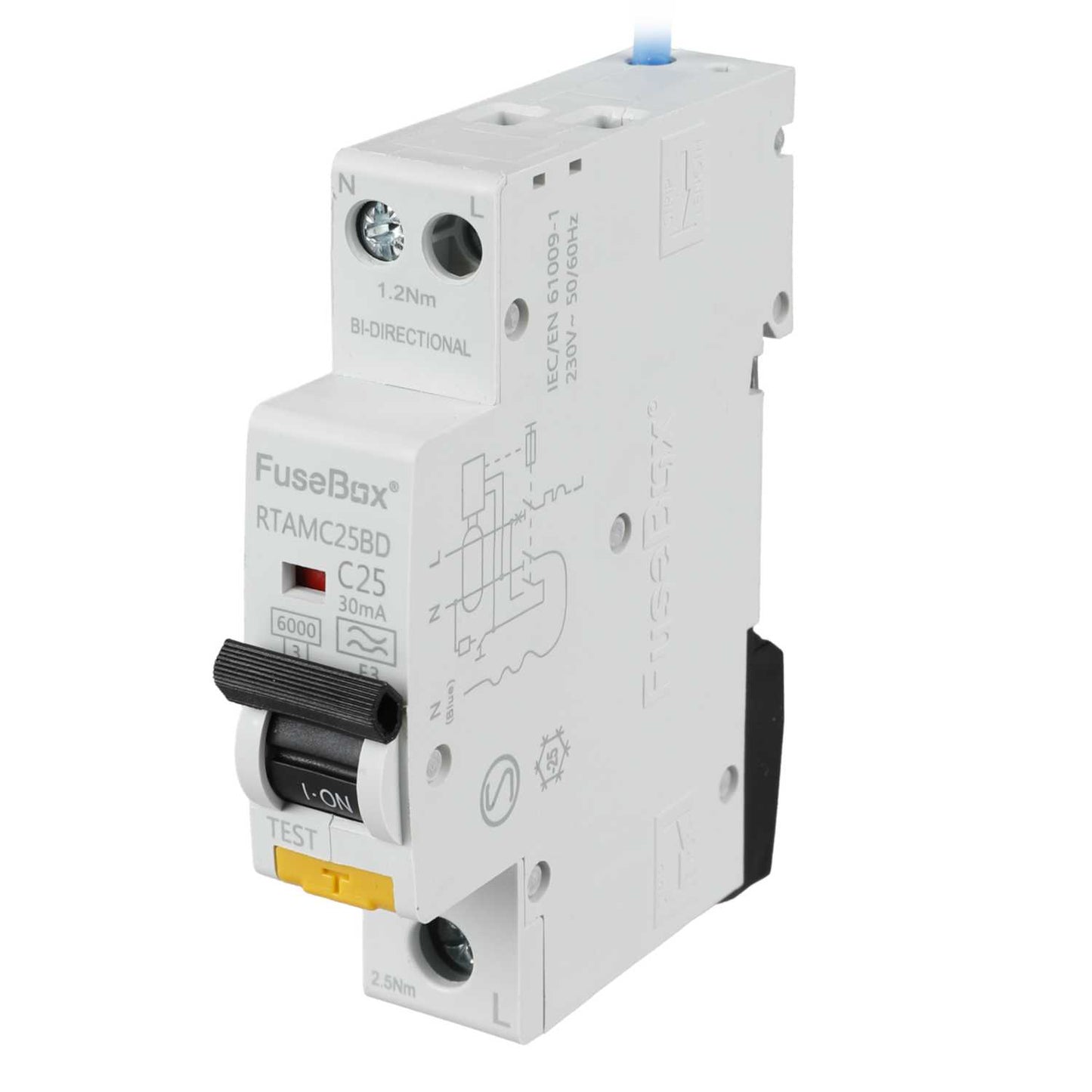 Fusebox 25A 1P+N 1 Module Bidirectional C Curve 6kA 30mA Type A Mini Rcbo