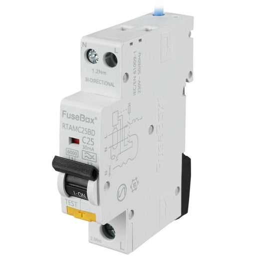 Fusebox 25A 1P+N 1 Module Bidirectional C Curve 6kA 30mA Type A Mini Rcbo