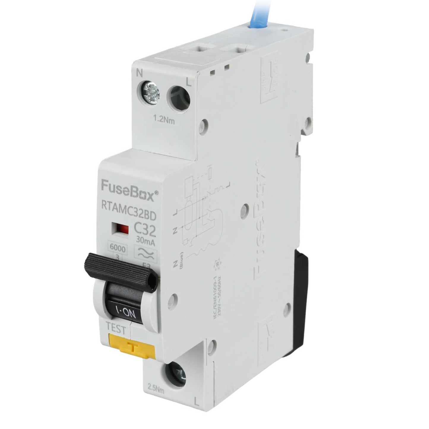 Fusebox 32A 1P+N 1 Module Bidirectional C Curve 6kA 30mA Type A Mini Rcbo