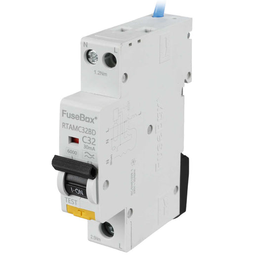 Fusebox 32A 1P+N 1 Module Bidirectional C Curve 6kA 30mA Type A Mini Rcbo
