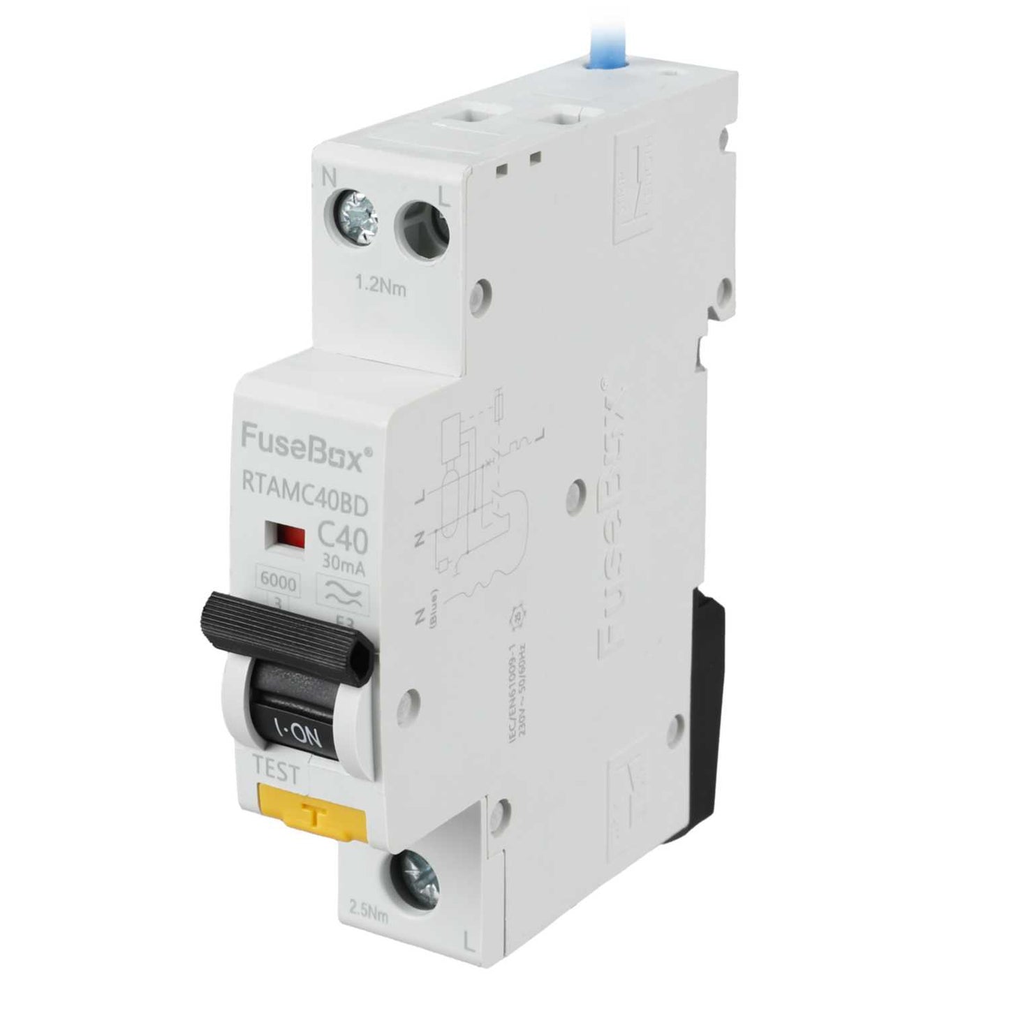 Fusebox 40A 1P+N 1 Module Bidirectional C Curve 6kA 30mA Type A Mini Rcbo