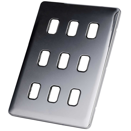 Schneider Lisse Deco 9 Gang Grid Plate Screwless Black Insert Polished Chrome
