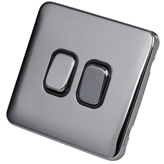 Schneider Lisse Deco 10A 2 Gang 2 Way Light Switch Screwless Black Insert Polished Chrome