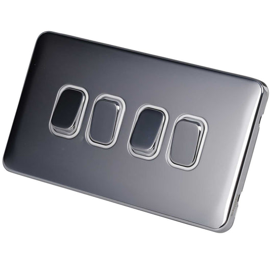 Schneider Lisse Deco 10A 4 Gang 2 Way Light Switch Screwless White Insert Polished Chrome