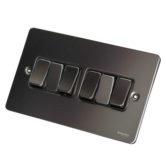 Schneider GET Ultimate Flat Plate 16A 6 Gang 2 Way Switch Black Insert Black Nickel