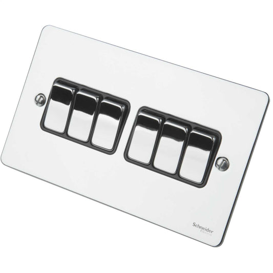Schneider GET Ultimate 16A 6 Gang 2 Way Switch Black Insert Polished Chrome