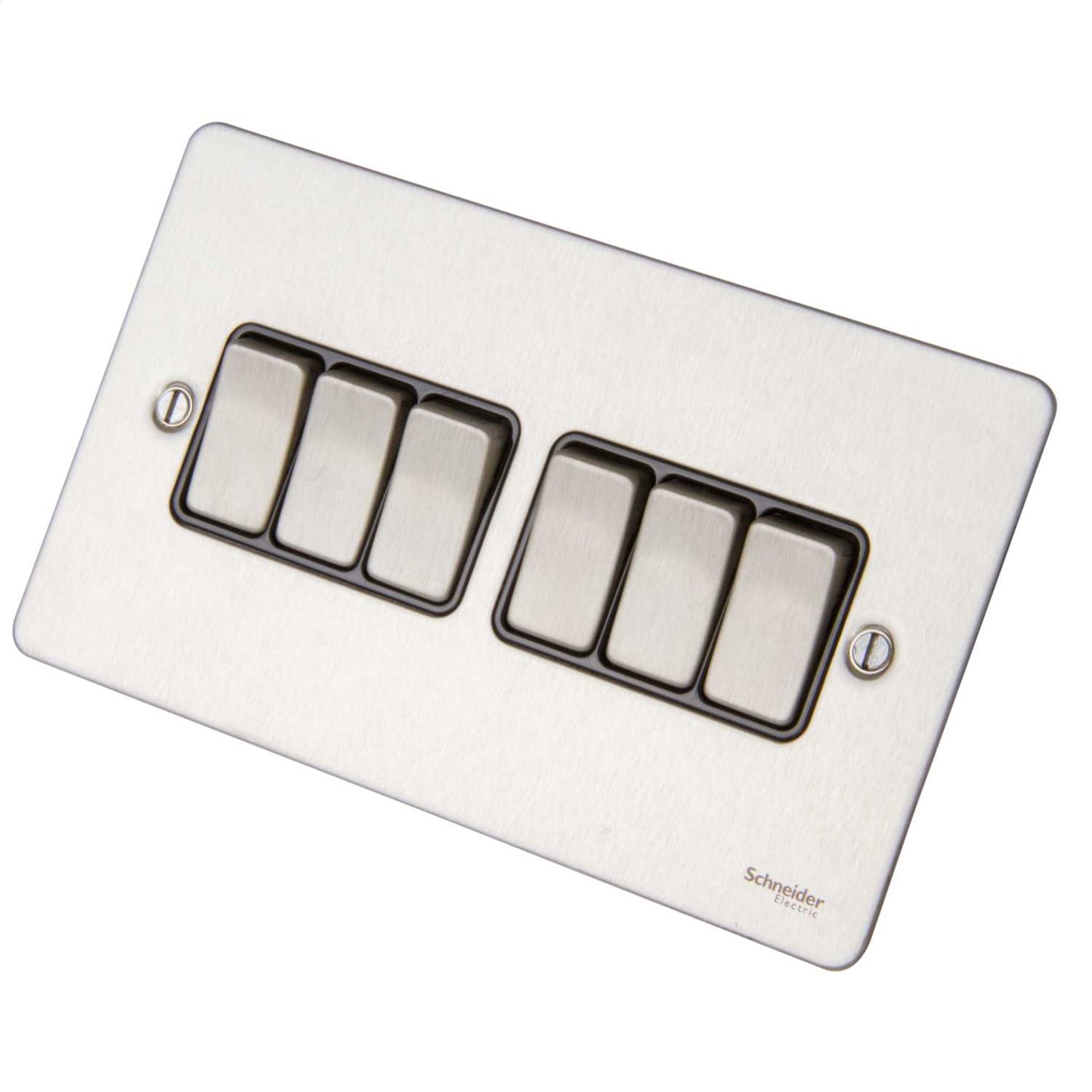 Schneider GET Ultimate Flat Plate 16A 6 Gang 2 Way Switch Black Insert Stainless Steel