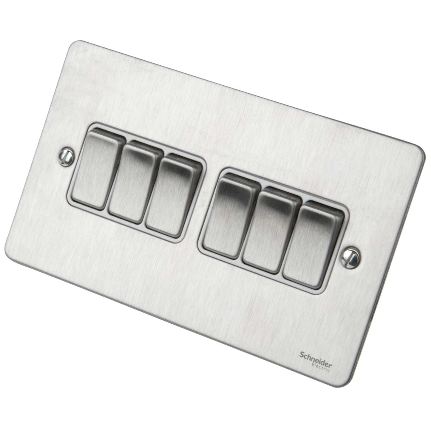 Schneider GET Ultimate Flat Plate 16A 6 Gang 2 Way Switch White Insert Stainless Steel