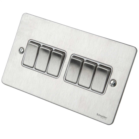 Schneider GET Ultimate Flat Plate 16A 6 Gang 2 Way Switch White Insert Stainless Steel