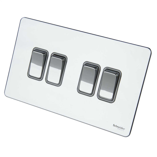 Schneider GET Ultimate 16A 4 Gang 2 Way Screwless Switch White Insert Polished Chrome