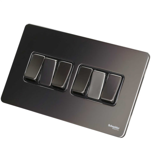 Schneider GET Ultimate 16A 6 Gang 2 Way Screwless Switch Black Insert Black Nickel