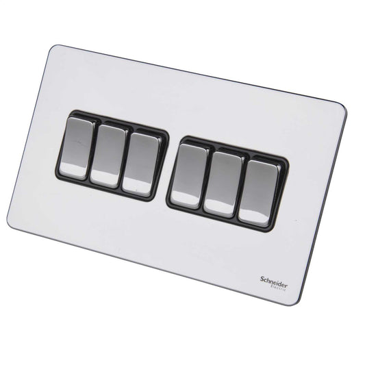 Schneider GET Ultimate 16A 6 Gang 2 Way Screwless Switch Black Insert Polished Chrome
