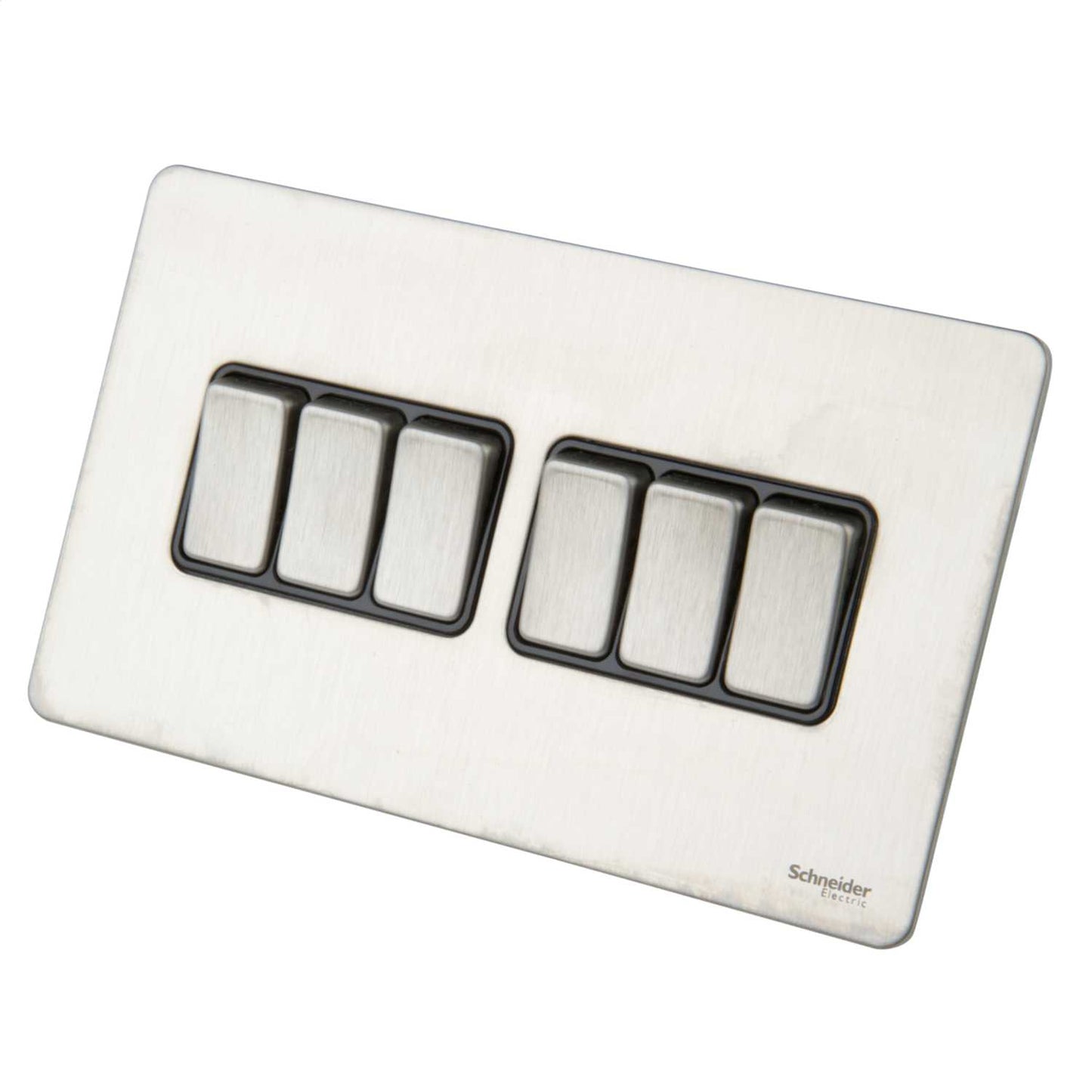 Schneider GET Ultimate 16A 6 Gang 2 Way Screwless Switch Black Insert Stainless Steel