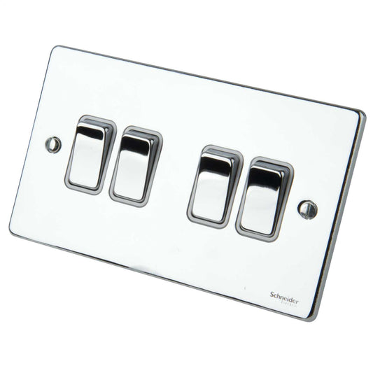 Schneider GET Ultimate 16A 4 Gang 2 Way Switch Polished Chrome White Insert