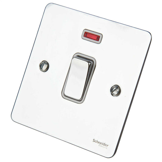 Schneider GET Ultimate Flat Plate 20A DP Switch with Neon White Insert Polished Chrome