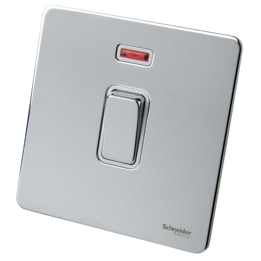 Schneider GET Ultimate 20A DP Screwless Switch with Neon White Insert Polished Chrome