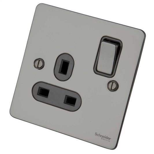 Schneider GET Ultimate Flat Plate 13A DP 1 Gang Switched Socket Black Insert Black Nickel