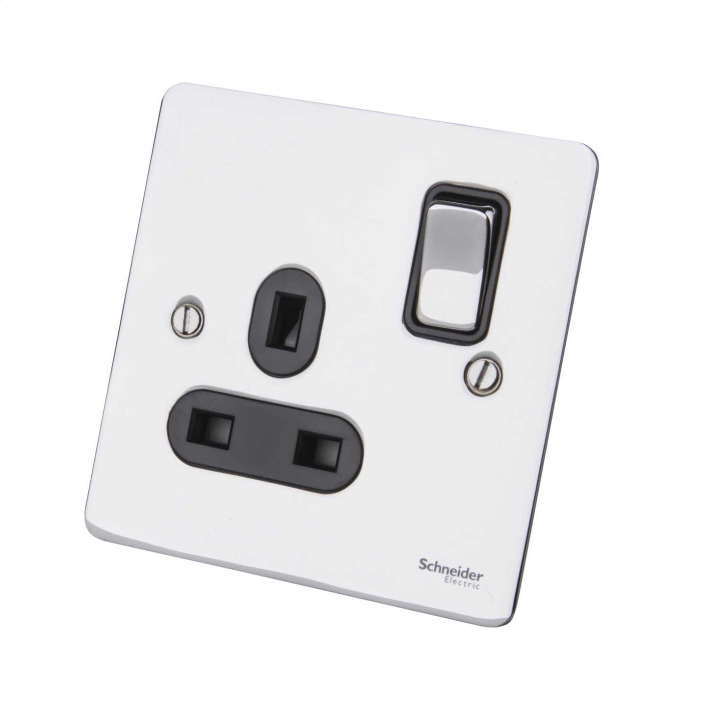 Schneider GET Ultimate 13A DP 1 Gang Switched Socket Black Insert Polished Chrome