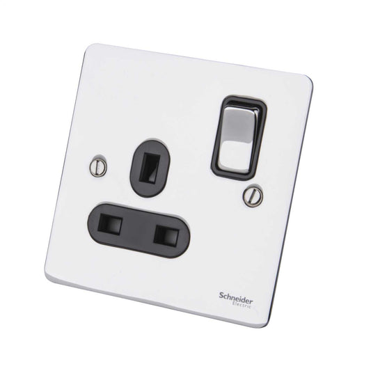 Schneider GET Ultimate 13A DP 1 Gang Switched Socket Black Insert Polished Chrome