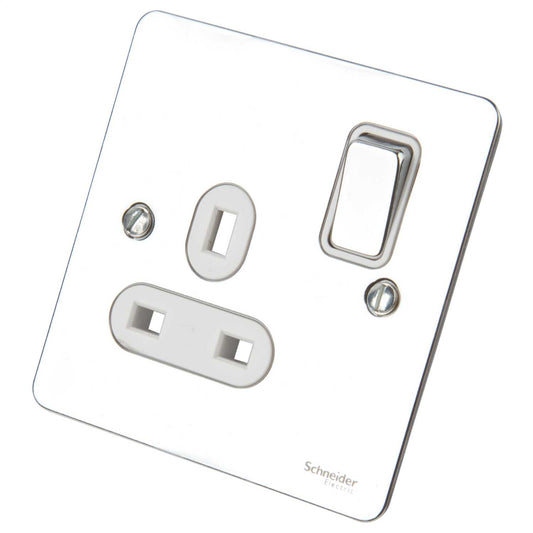 Schneider GET Ultimate 13A DP 1 Gang Switched Socket White Insert Polished Chrome