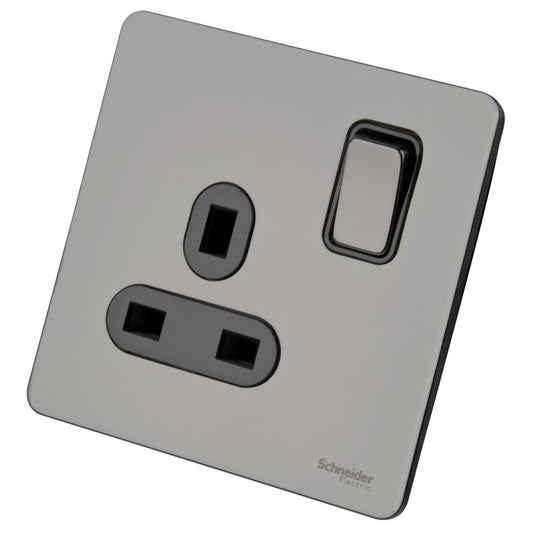 Schneider GET Ultimate 13A DP 1 Gang Screwless Switched Socket Black Insert Black Nickel