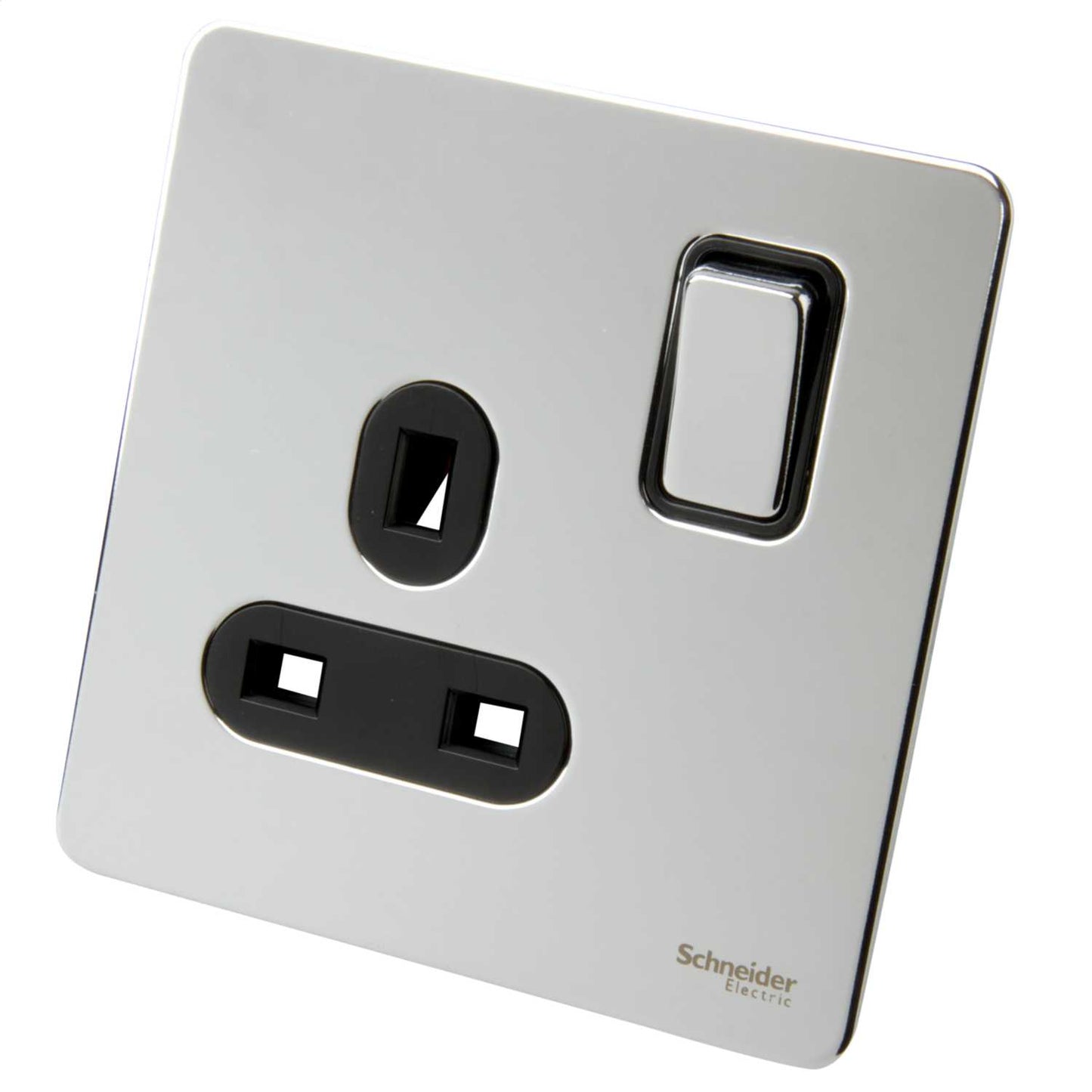 Schneider GET Ultimate 13A 1 Gang Screwless Switched Socket Black Insert Polished Chrome