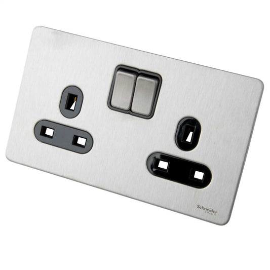 Schneider GET Ultimate 13A DP 2 Gang Screwless Switched Socket Black Insert Stainless Steel
