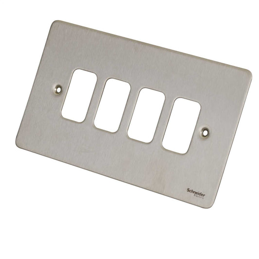 Schneider GET Ultimate Flat Plate 4 Gang Grid Front Plate Stainless Steel