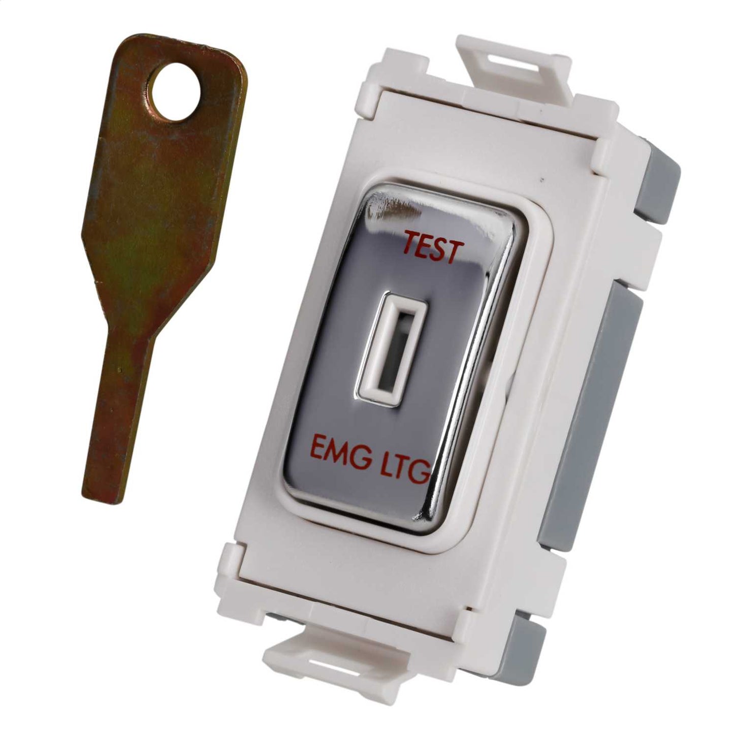 Schneider GET Ultimate 20A 2 Way Grid Key Switch marked Test Emg Ltg Mirror Steel White Insert