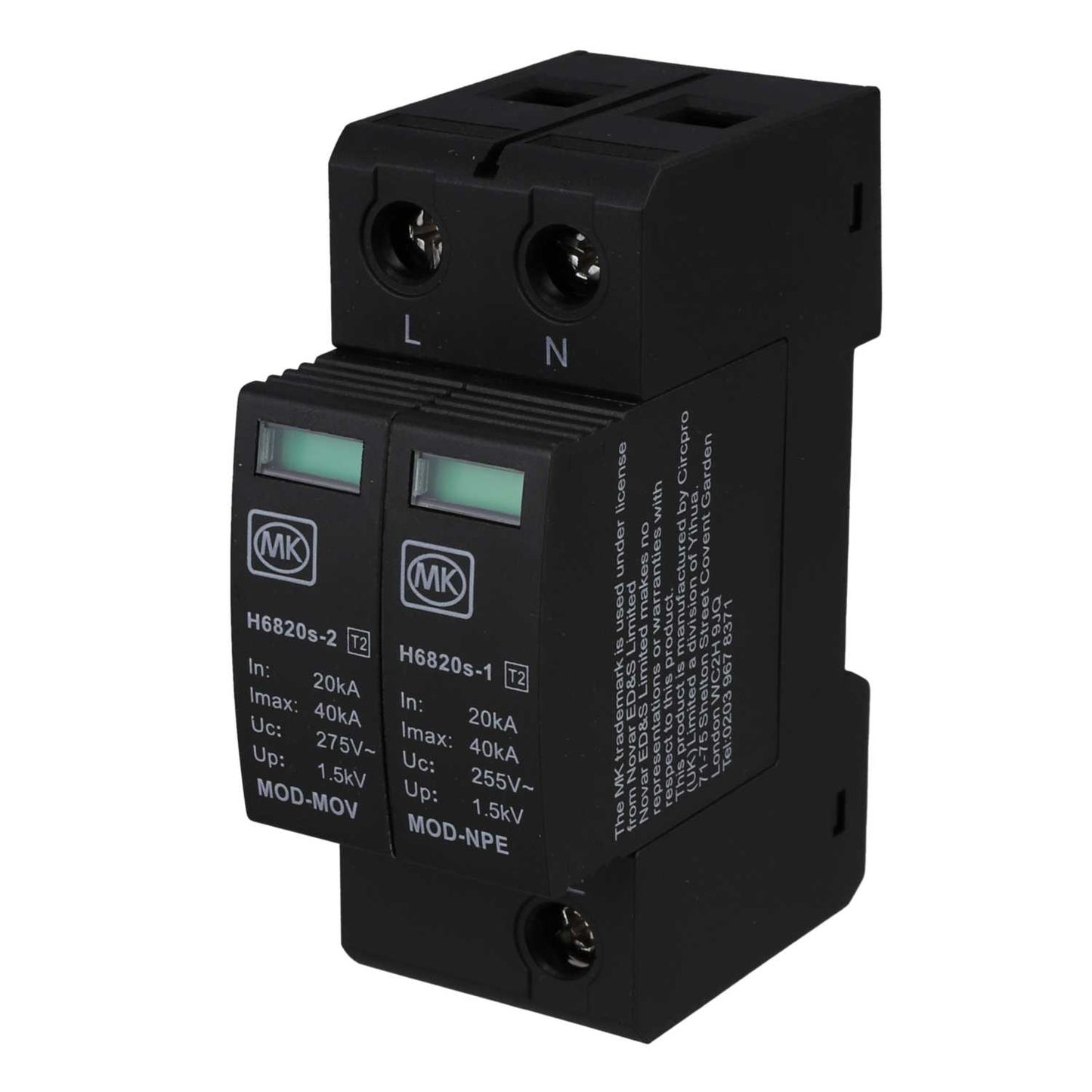 MK Sentry 40kA 2 Module Single Pole and Neutral Type 2 Surge Protector