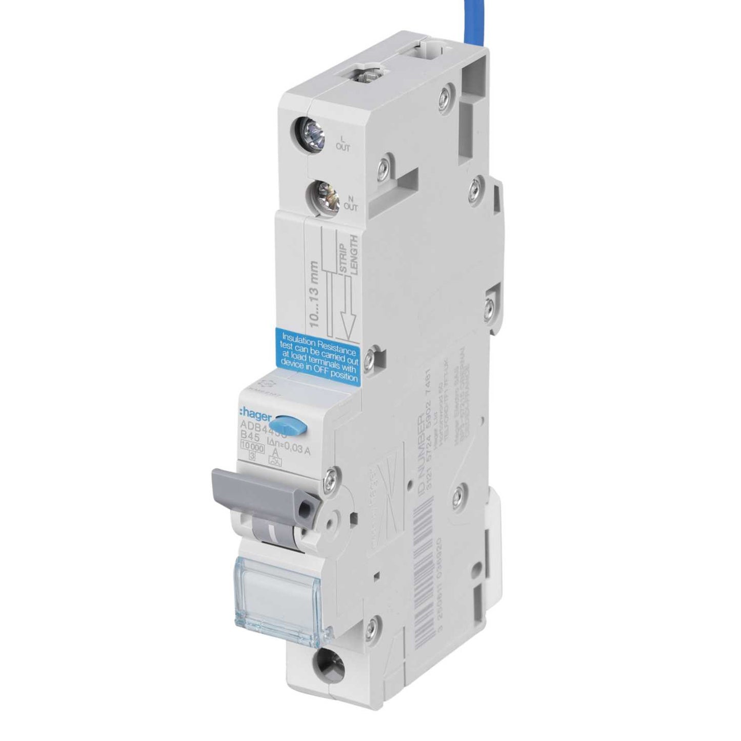 Hager 45A Single Pole 1 Module B Curve 10kA 30mA Type A Rcbo