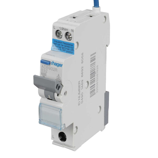 Hager 32A 1P+N 1 Module Bidirectional B Curve 6kA 30mA Type A Rcbo