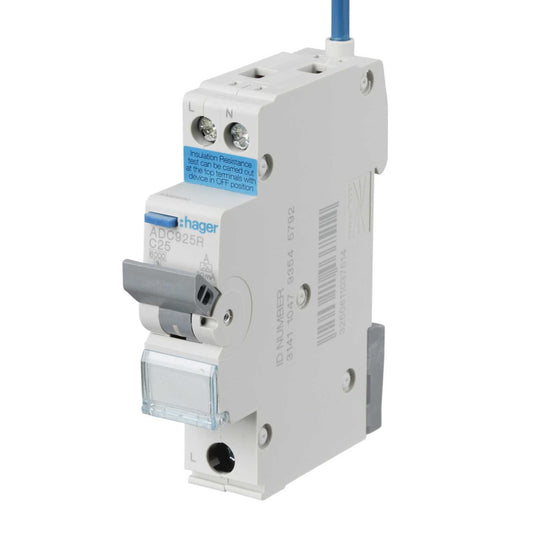Hager 25A 1P+N 1 Module Bidirectional C Curve 6kA 30mA Type A Rcbo