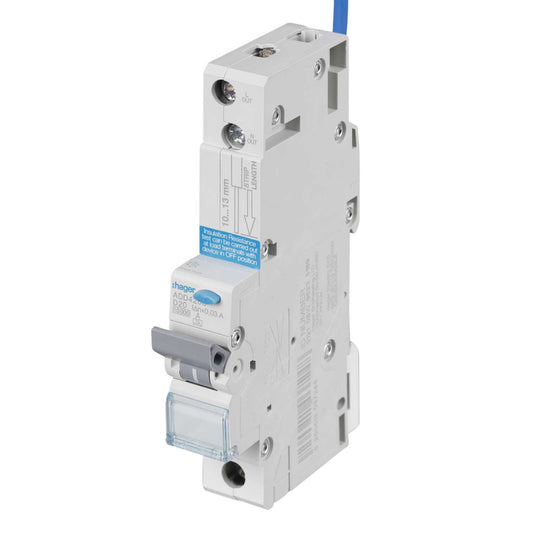Hager 20A Single Pole 1 Module D Curve 10kA 30mA Type A Rcbo