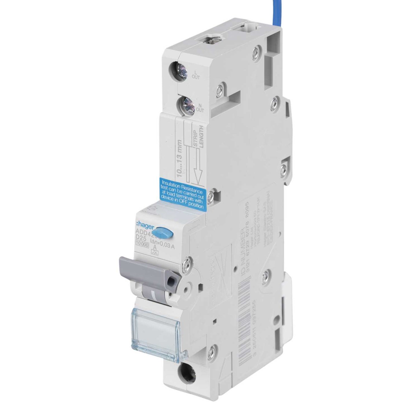 Hager 25A Single Pole 1 Module D Curve 10kA 30mA Type A Rcbo
