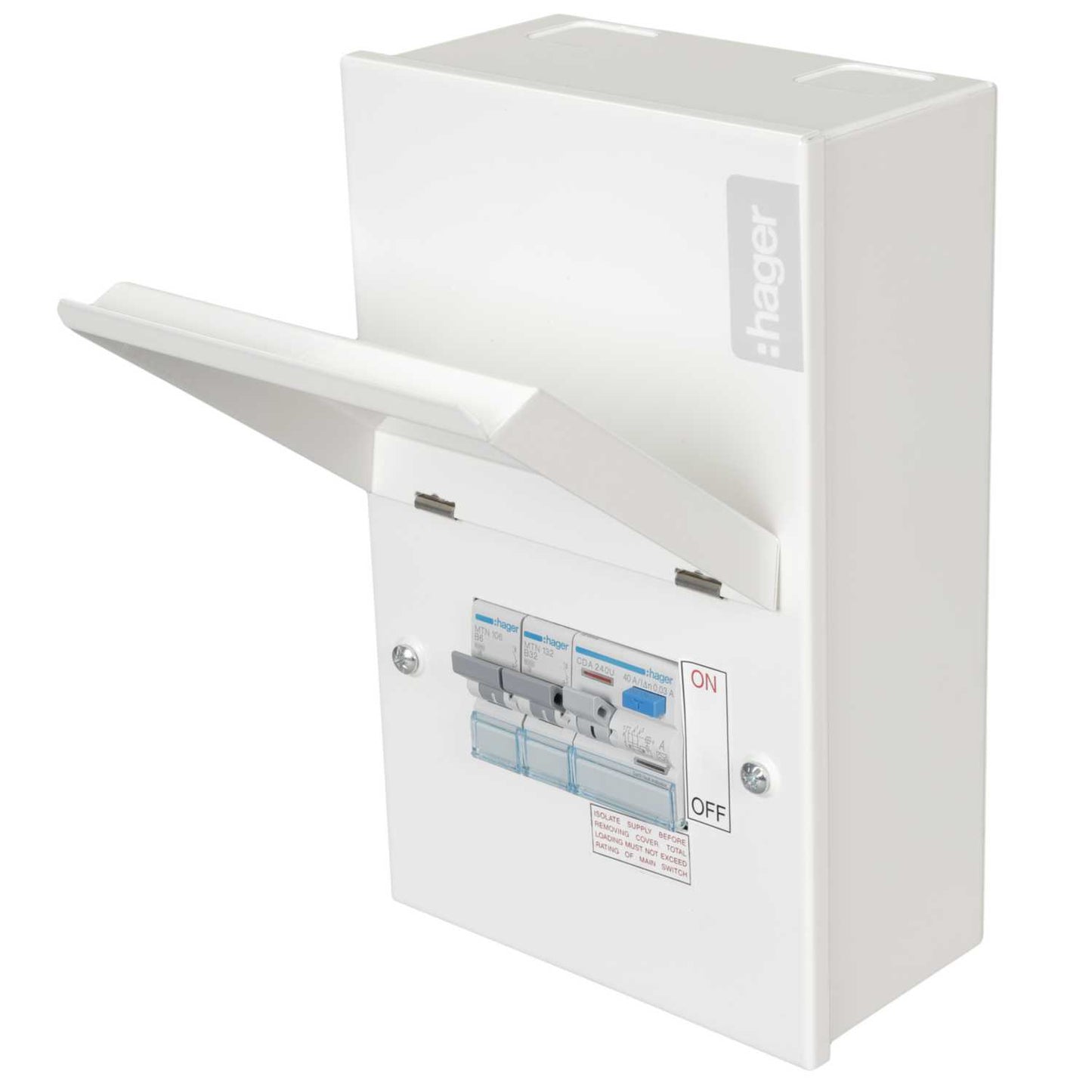 Hager Metal Clad Garage Unit with 40A Type A RCD and 6A and 32A MCB