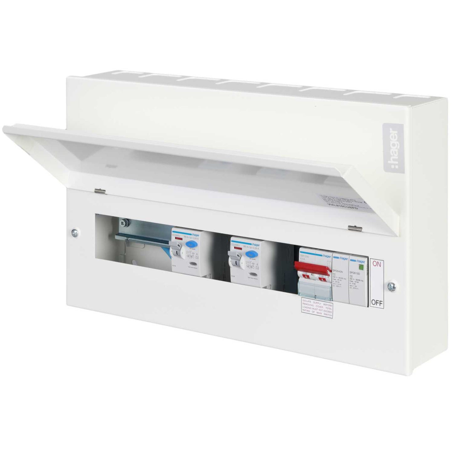 Hager 10 Way Dual RCD Configurable High Integrity Metal Clad Consumer Unit with SPD