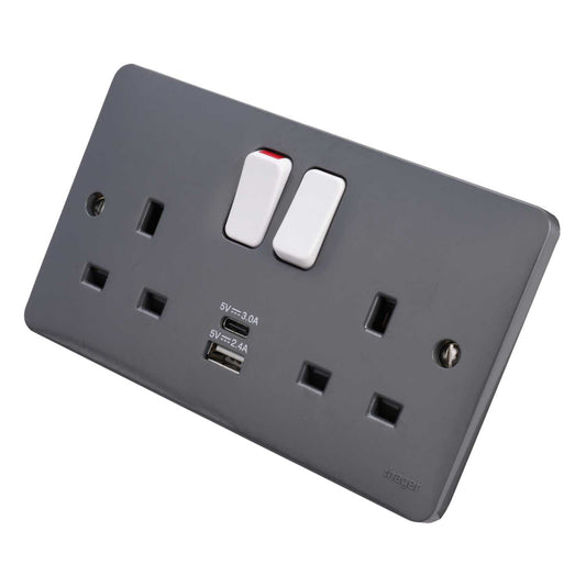 Hager Sollysta 13A DP 2 Gang Switched Socket with Type A and Type C USB Part M Grey