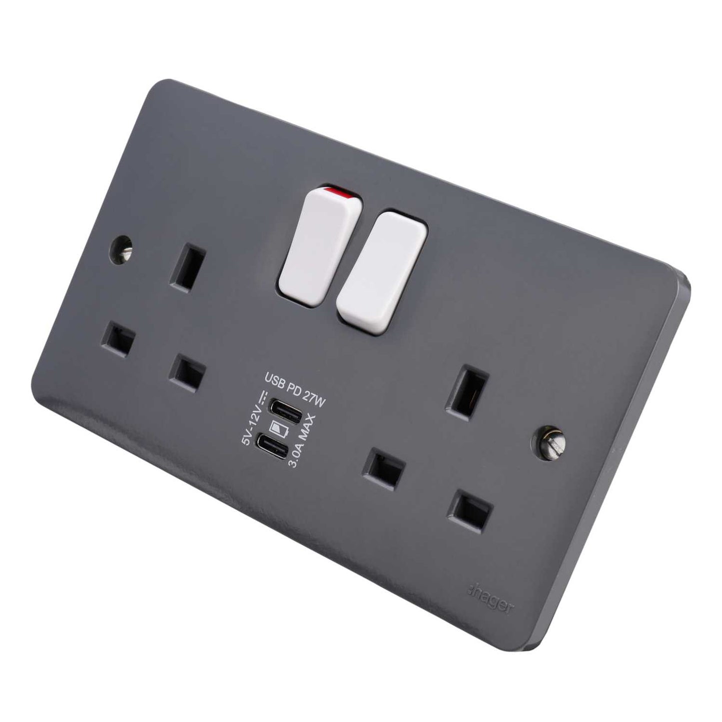 Hager Sollysta 13A DP 2 Gang Switched Socket with 2 x Type C USB Part M Grey