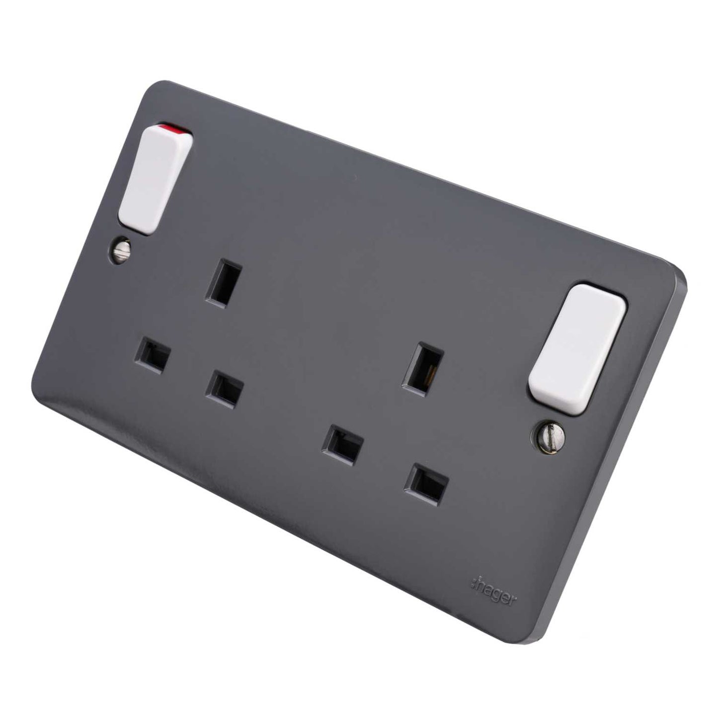 Hager Sollysta 13A DP 2 Gang Dual Earth Switched Socket Part M Grey