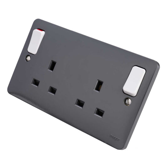 Hager Sollysta 13A DP 2 Gang Dual Earth Switched Socket Part M Grey