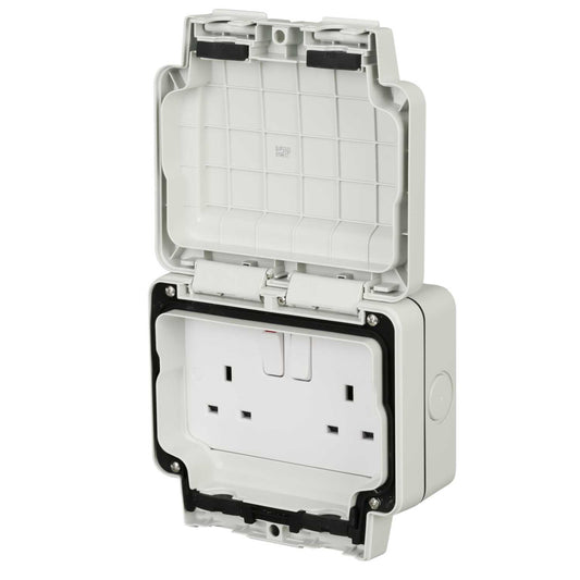 Hager Sollysta 13A 2 Gang Double Pole Switched Socket IP66 Grey
