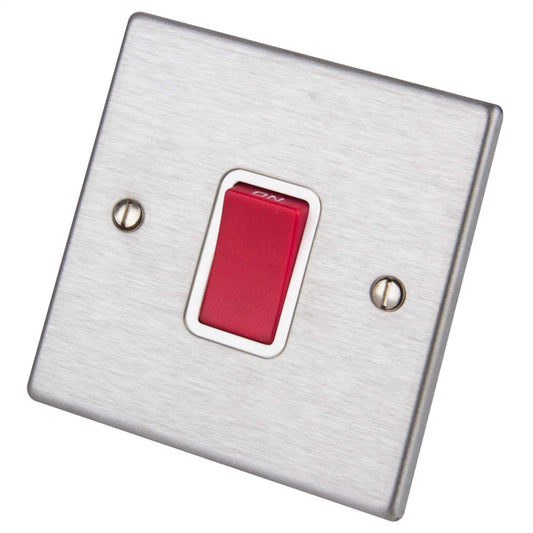 Hamilton 45A DP 1 Gang Switch Red Rocker Satin Steel