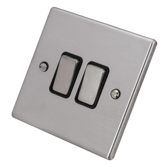 Hamilton 10A 2 Gang 2 Way Light Switch Black Insert Satin Steel