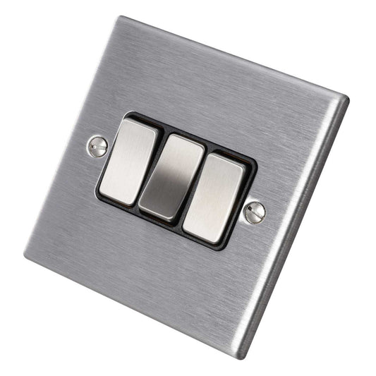 Hamilton 10A 3 Gang 2 Way Light Switch Black Insert Satin Steel