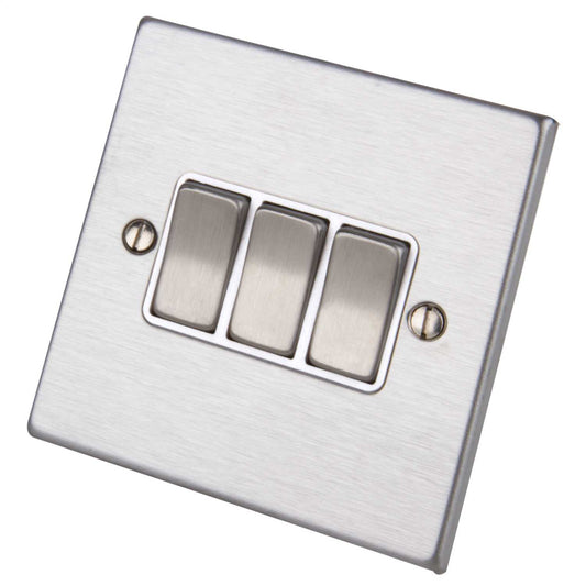 Hamilton 10A 3 Gang 2 Way Light Switch White Insert Satin Steel
