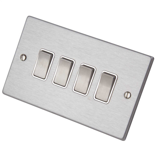 Hamilton 10A 4 Gang 2 Way Light Switch White Insert Satin Steel