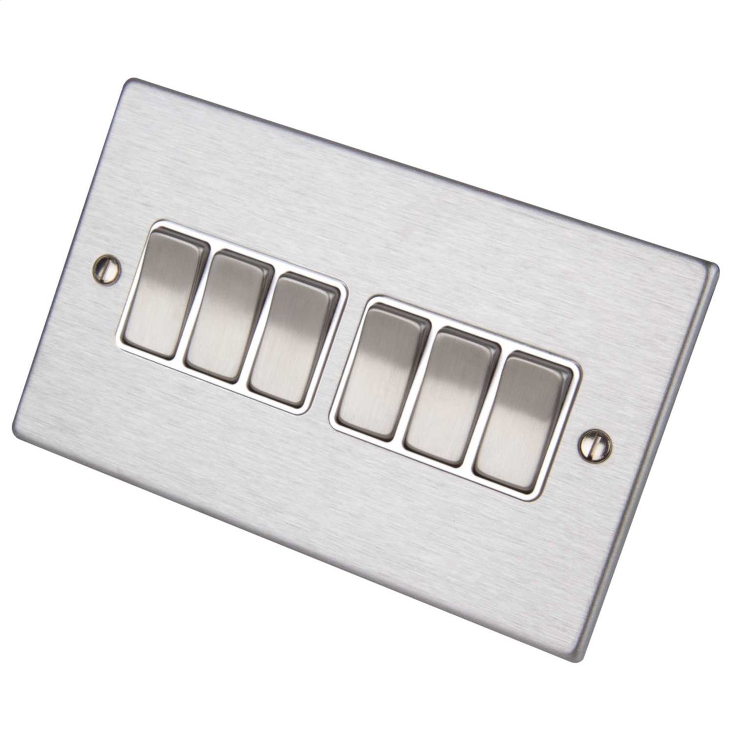 Hamilton 10A 6 Gang 2 Way Light Switch White Insert Satin Steel